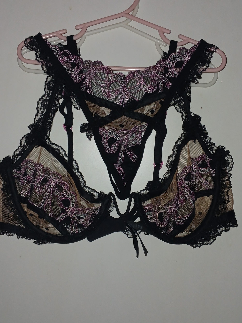 For Love & Lemons Black Lace Bra and Thong with Pink Embroidery
